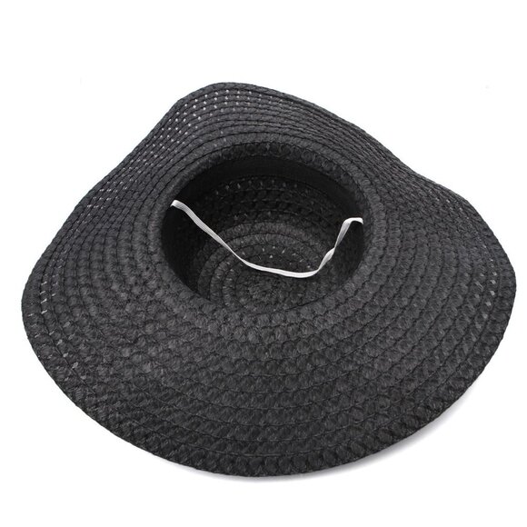 Woven Faux Straw Large Brim Hat Feathers Flowers Queens Plate Summer Black White - Picture 3 of 12